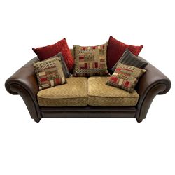 DFS - 'Perez' three-seat sofa (W222cm, H90cm, D105cm); and matching two-seat sofa (W188cm); upholstered in stitched brown fabric with patterned contrasting fabric cushions