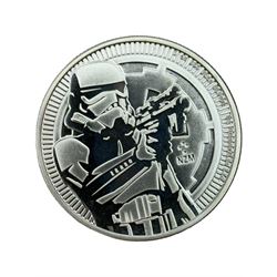 Five Queen Elizabeth II Niue one ounce fine silver two dollars coins dated 2016 'Turtle', 2017 'Panda', 2017 'Darth Vader', 2018 'Stormtrooper', 2019 'Clone trooper' and two Fiji one ounce fine silver one dollar coins dated 2015 'Iguana', 2016 'Iguana' (7)