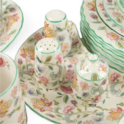 Minton Haddon Hall tea and dinner service, including teapot, milk jug, hot water jug, open sucrier, ten teacups and eight saucers, eight dinner plates, eight soup bowls, etc 