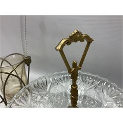 20th century moulded glass and gilt centre piece bowl with carrying handle and ornate trefoil base, together with frilled cranberry edge glass comport with ornate gilt base, and further centre piece with  large glass handle of twisted form, tallest H54cm