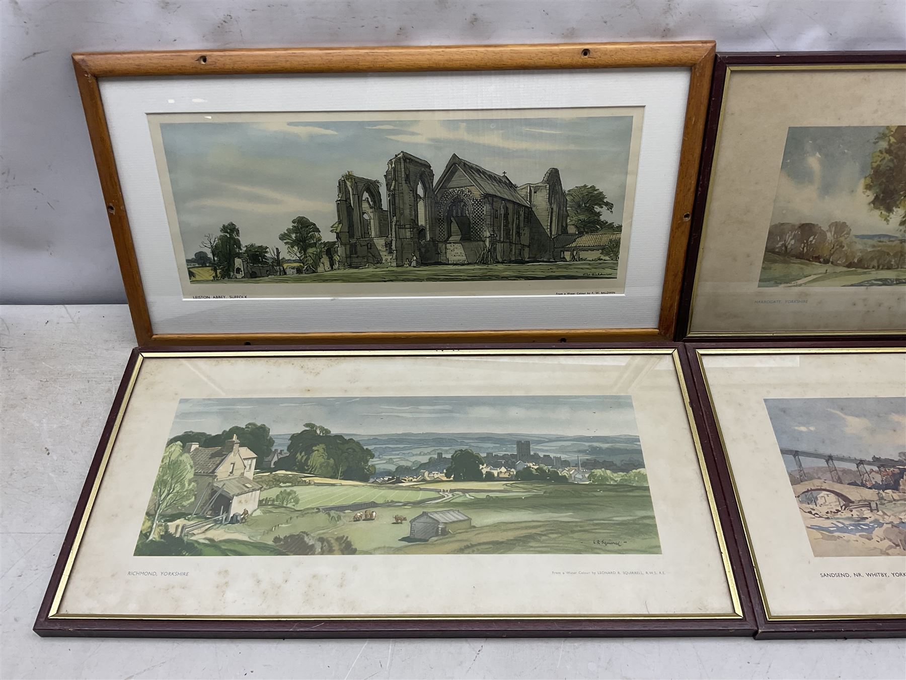 Four carriage prints, comprising Leiston Abbey, Suffolk after Frederick William Baldwin, Richmond, Yorkshire after Leonard Russell Squirrell, Harrogate, Yorkshire after Jack Merriott, and Sandsend, nr. Whitby, Yorkshire, after Jack Merriott (4)