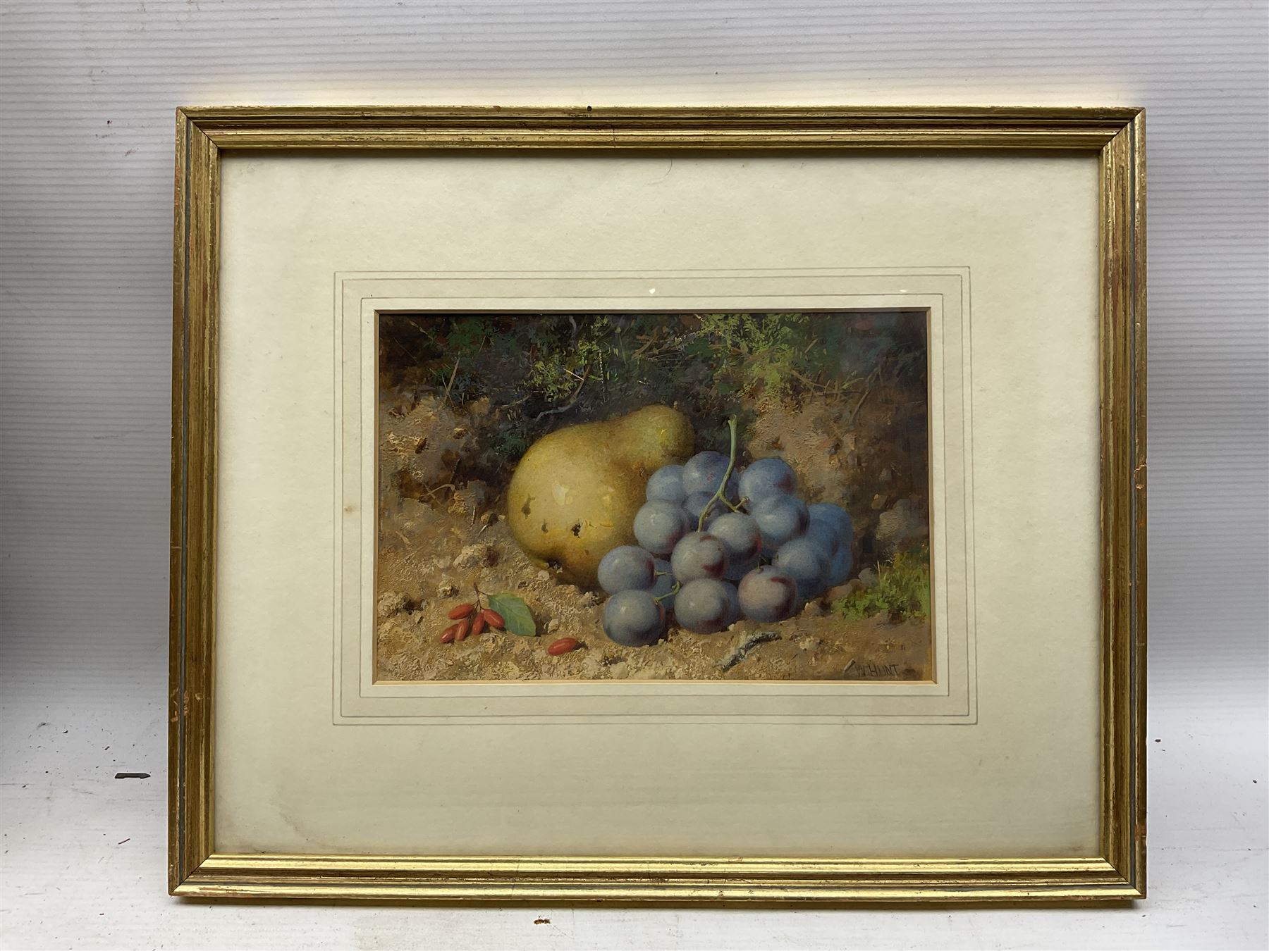 William Henry Hunt (British 1790-1864): Still Life of Grapes and a Pear, watercolour signed 15cm x 22cm 
