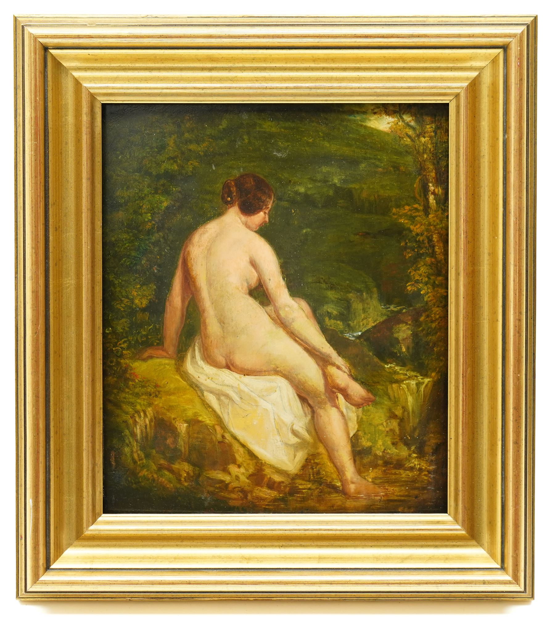 William Etty RA (York 1787-1849): The Bathing Nymph, oil on panel inscribed verso 29cm x 25cm
Provenance: from the collection of Father John O'Connor, a Bradford Roman Catholic priest and the basis for GK Chesterton's detective Father Brown. He was associated with various painters, authors and artists during his time including the likes of Eric Gill and Etty, as well as a keen interest in the antiquities. Purchased Duggleby Stephenson Country House sale 06/12/2024, £1000