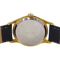 Oris gentleman's gold-plated and stainless steel manual wind wristwatch, silvered dial with subsidiary seconds dial, on black leather strap, boxed