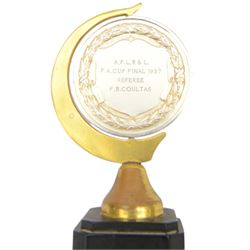 Collection of football memorabilia belonging and relating to the Hull based referee Frank Coultas, including 9ct gold Referee's medal for the 1957 Aston Villa v Manchester United FA Cup Final, inscribed 'The Football Association, F.B Coultas, F.A. Challenge Cup Competition, Final Tie 1957', hallmarked and in original case; the kit worn by him to referee the 1957 FA Cup Final and ephemera relating to the match including photographs, programmes and tickets; together with other football memorabilia collected by Frank Coultas, including programmes, photograph and ticket stubs, with some items relating to the 'Busby Babes'