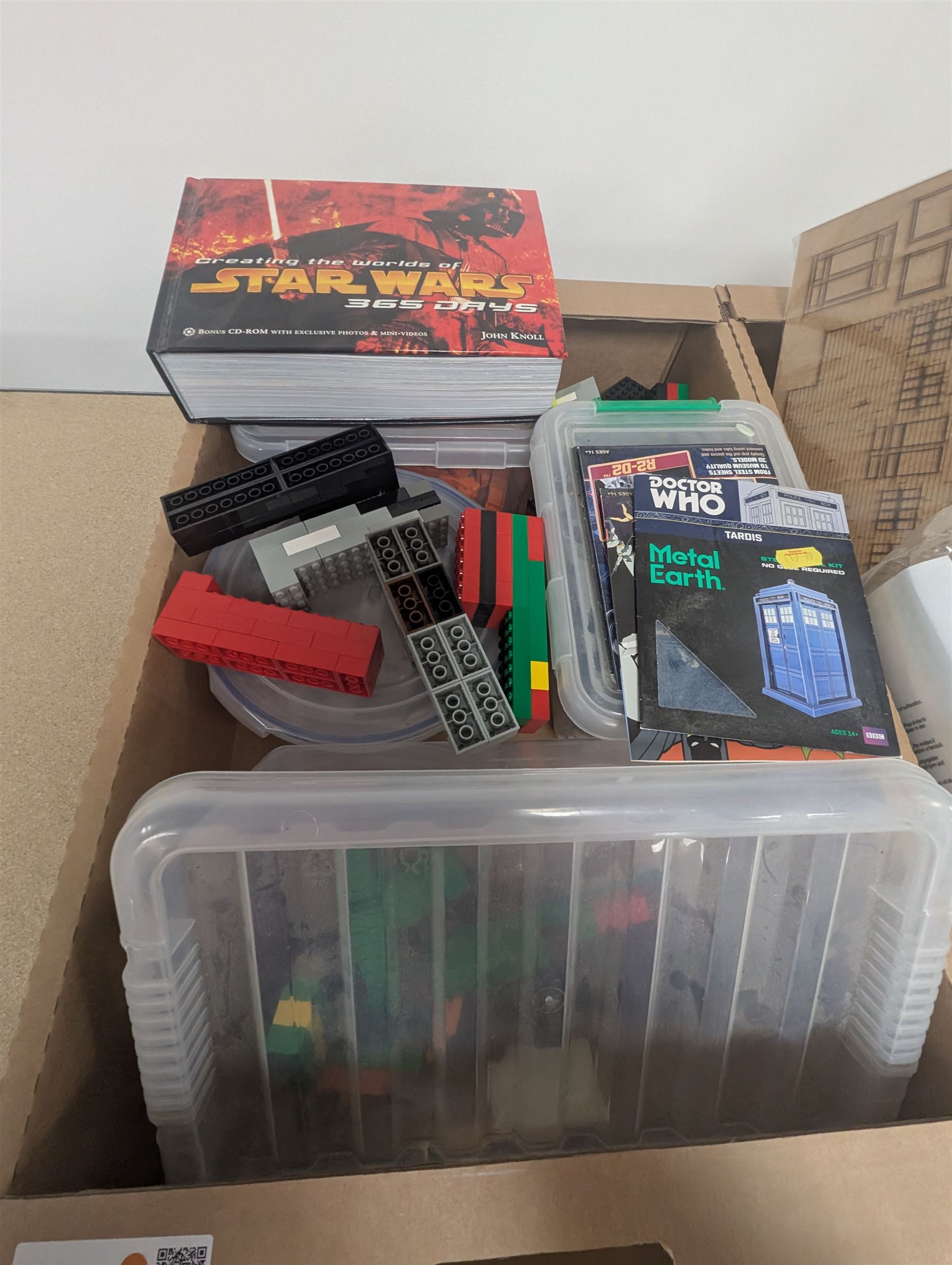 Collection of modelling equipment, kits, accessories, loose lego, including Games Workshop Warhammer 40000, military figures, etc, in four boxes, 