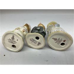 Fifteen Royal Doulton Brambly Hedge figures, comprising Wilfred Toadflax, Dusty Dogwood, Mrs Toadflax, Mr Apple, Primrose Woodmouse, Lord Woodmouse, Poppy Everbright, two Lady Woodmouse, two Old Mrs Everbright, Mr Toadflax, Mrs Apple, Santa Bunnykins and Bunnykins, together with three Royal Albert Wind in the Willows figures comprising Ratty, Badger and Mole, all with printed marks beneath (18)