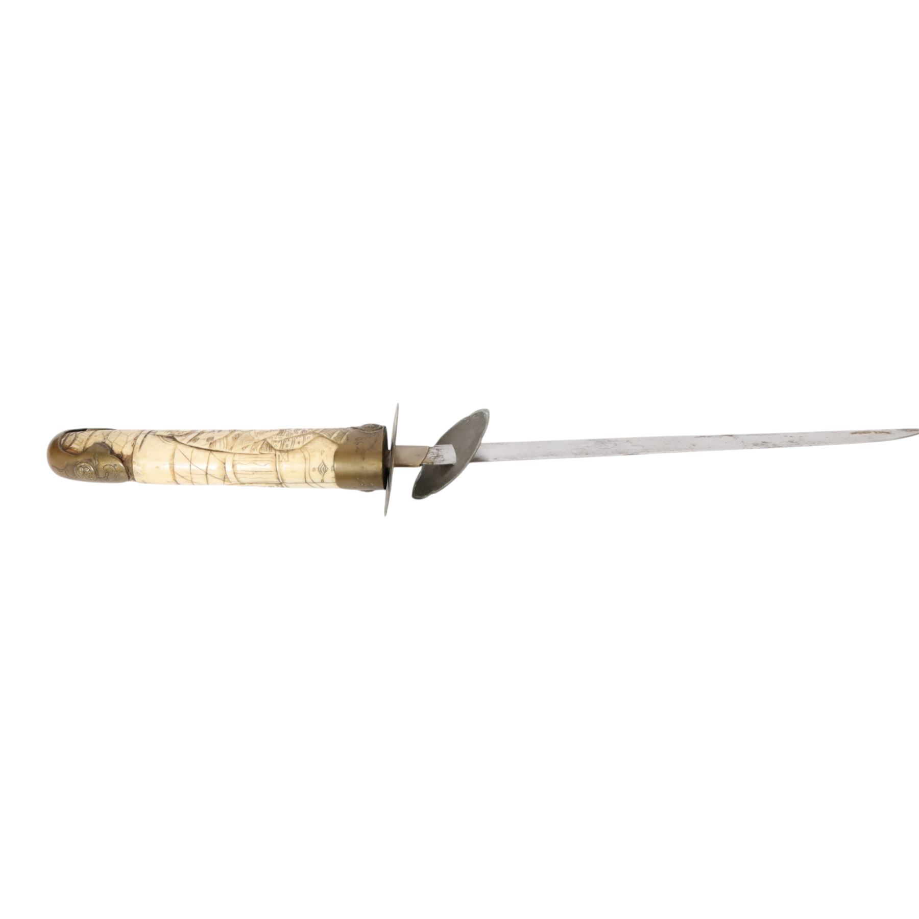 Japanese Bone Tanto, with 20cm single edged blade, with carved bone handle and scabbard, with figural decoration, overall L48cm