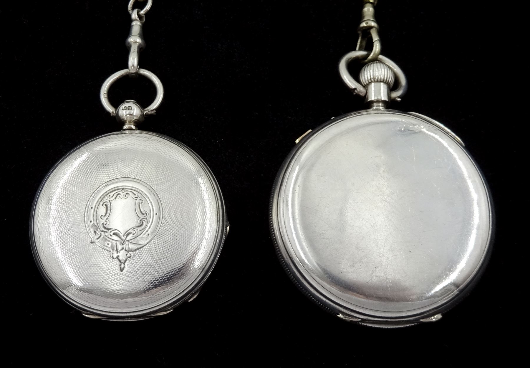 Victorian silver open face keyless decimal chronograph, No.54980, white enamel dial and out track numbered 25-300, dial dated Sept 15 1875, case by John Lecomber, Chester 1877 and a silver full hunter key wound lever pocket watch by Edwin Davies, Bradford, No. 169182, case by Philip Woodman & Sons, London 1875, both with silver Albert chains