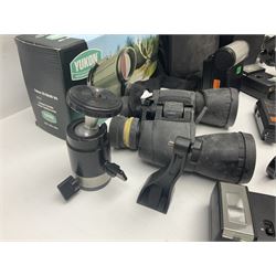 Yukon rubber armoured compact variable power spotting scope (boxed), together with Bresser 10x50 binoculars, Bushnell Excursion 10x42 binoculars, camera equipment etc  