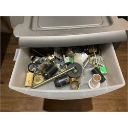 Large quantity of light fitting spare parts and accessories in plastic floor standing six-drawer chest