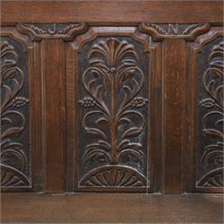 18th century oak hall bench or settle, five foliate carved back panels, dated 1760