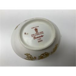 Royal Crown Derby Brocade pattern jug and sugar bowl, together with a similar gilt floral pattern bowl, three graduating Staffordshire style pearlware cottage jugs, Leeds Pottery model cottage and other ceramics and glassware, etc