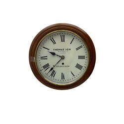 Thomas Ion of Windermere - Early 20th century single fusee 8-day wall clock with a mahogany surround, 10” painted dial within a brass bezel and flat glass, with  Roman numerals and minute track, chain driven fusee movement. With pendulum.
