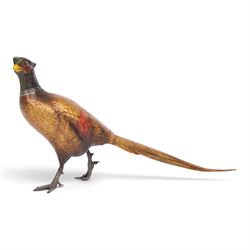 Cold painted bronze figure, modelled as an art deco style pheasant, H16cm, L30cm