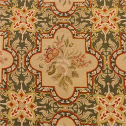Late 20th-century Aubusson-style woven tapestry of rectangular form, woven with an all-over repeating arrangement of cream quatrefoil cartouches, each enclosing a stylized floral spray with an olive green scrolling foliate ground, interspersed with star motifs 