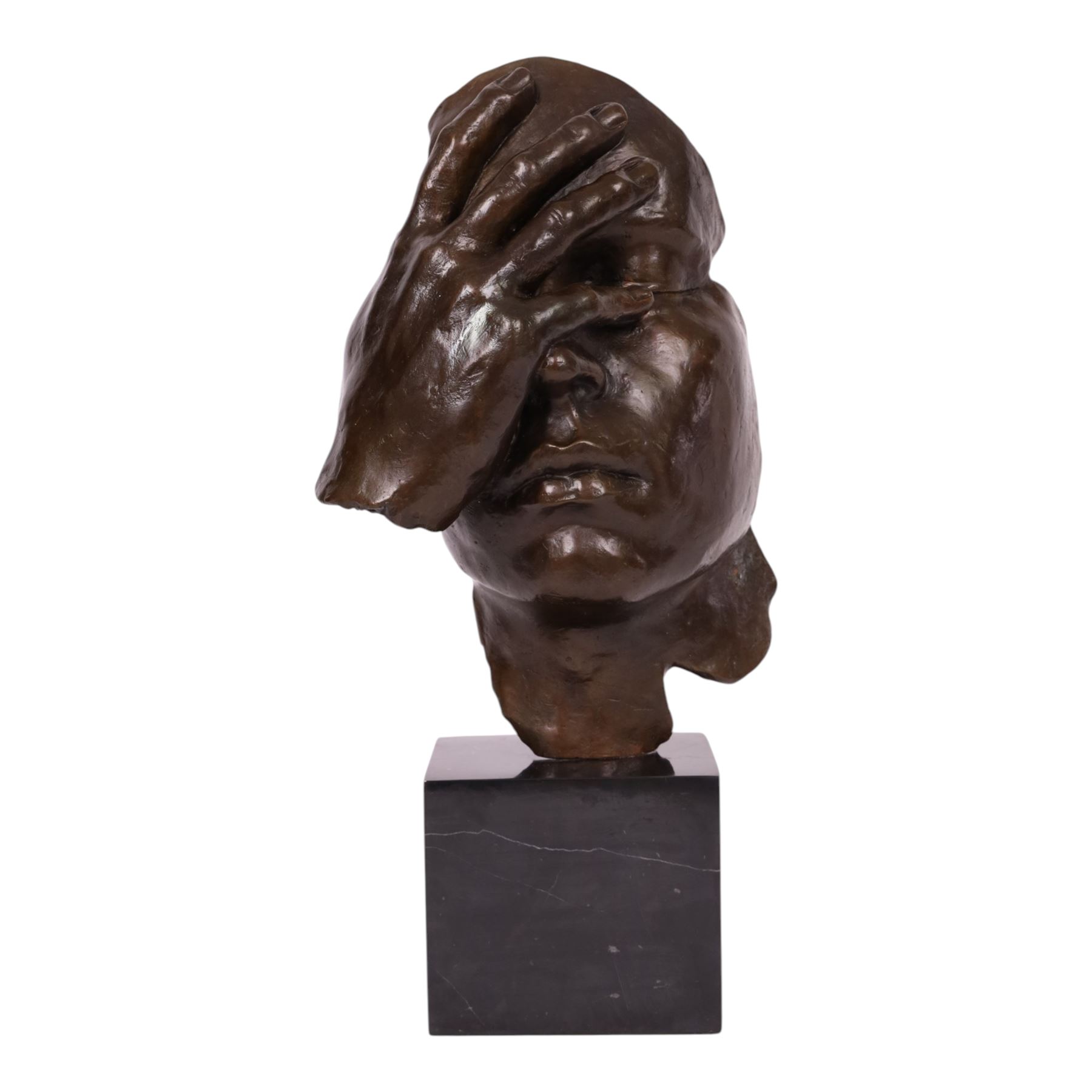 After Salvador Dali (Spanish 1904-1989): Reflection, bronze figure with hand covering the face, H43cm