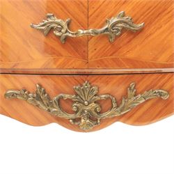 Louis XV style pair of kingwood and marquetry bedside chests, with shaped marbled tops, fitted with three drawers, with gilt metal mounts, raised on cabriole legs