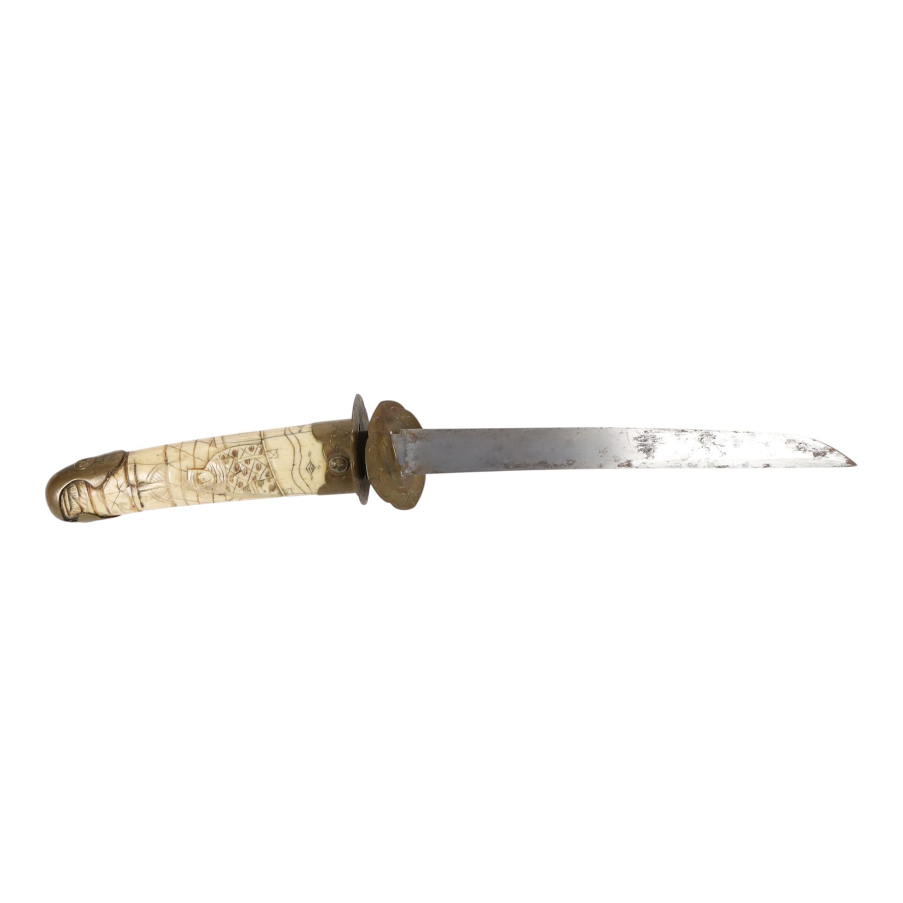 Japanese Bone Tanto, with 20cm single edged blade, with carved bone handle and scabbard, with figural decoration, overall L48cm