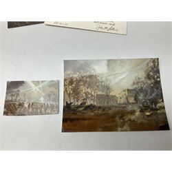 Presentation bronzed figure of a paratrooper by Peter Hicks mounted on a mahogany plinth with plaque inscribed ' Presented to Lieutenant General Sir Michael Gray KCB OBE President Army Parachute Association 1981-1987 An Outstanding Term of Leadership Friendship and Humour. Thank You All Ranks A.P.A.' H28cm; a brass Pegasus plaque H12cm; and small quantity of colour photographs and prints of military related paintings