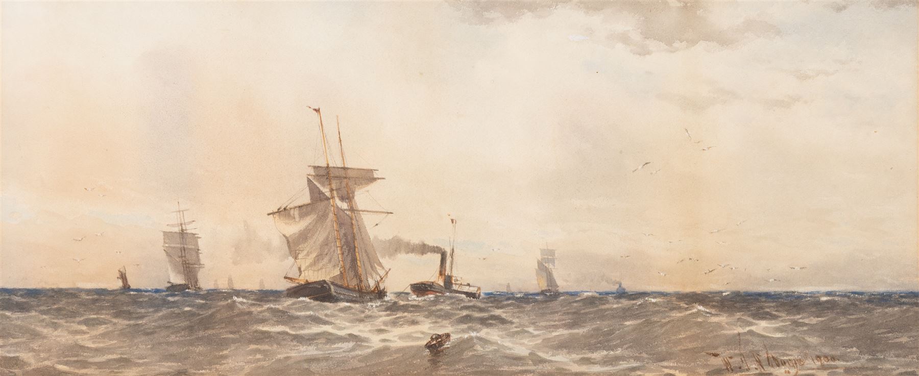 William Thomas Nichols Boyce (British 1858-1911): 'Breezy Day Off the River Tyne', watercolour signed and dated 1900, titled on the mount 21.5cm x 52cm 