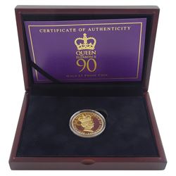 Queen Elizabeth II Guernsey 2016 '90th Birthday' 22ct gold proof five pound coin, cased with certificate