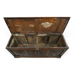 18th century oak coffer, rectangular top with moulded top, four fielded panel front, raised on a moulded plinth base