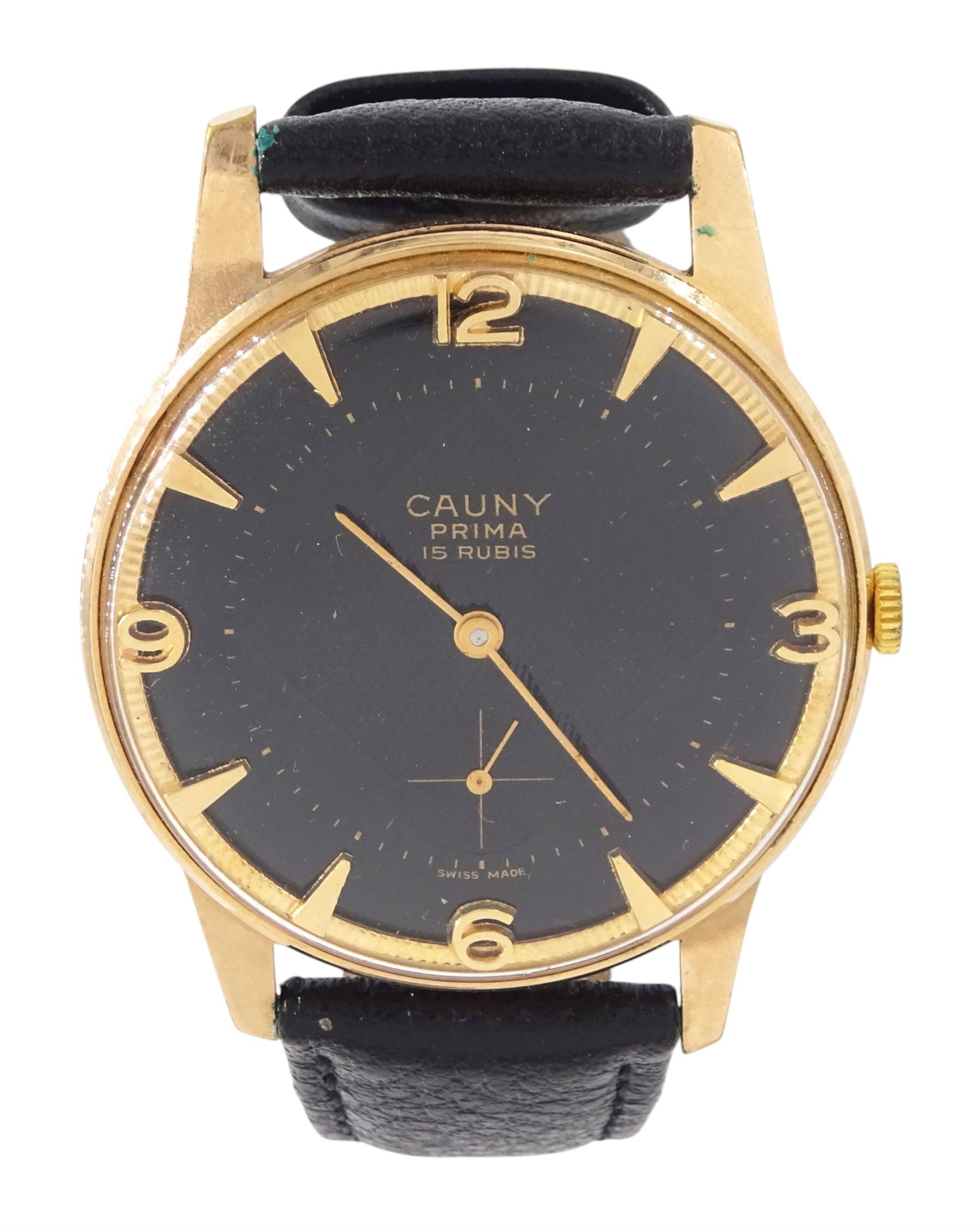 Cauny Prima gentleman's gold-plated and stainless steel manual wind wristwatch, black dial with dagger and Arabic hour markers and subsidiary seconds dial, on black leather strap
