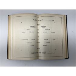 Hull City A.F.C. - two bound volumes of 1940s home match programmes; volume one 1946-7 season containing twenty-six programmes from 31/8/46 to 7/6/47 including Hull City Boys game 5/4/47 against Leicester Boys; volume two 1947-8 season containing twenty-five programmes including Raich Carter's first game 3/4/48 having taken over as player/manager 1/4/48. Uniformly bound in black half leather. Provenance: By direct descent from the family of Raich Carter having been consigned by his daughter Jane Carter.