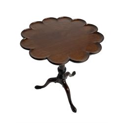 19th century mahogany tripod table, scalloped or cusped dish tilt-top, on turned column with twist carved baluster, three splayed supports with pointed pad feet