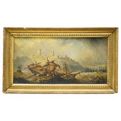 Claude Thomas Stanfield Moore (British 1853-1901): 'Fast on the Rocks off Dunstanborough (Dunstanburgh) Castle' - Northumberland, oil on board signed, signed titled and dated 1876 verso 17cm x 35cm