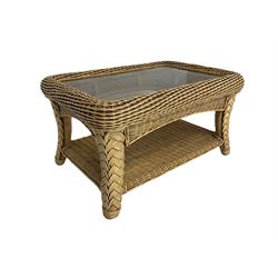 Four piece cane conservatory suite - two seat sofa (W130cm), pair of armchairs (W85cm), and coffee table (85cm x 60cm)