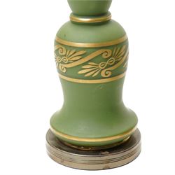 Pair of green frosted glass and gilt table lamps, H62cm 