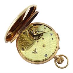 9ct gold open face keyless Swiss lever chronograph pocket watch, white enamel dial with Roman numerals, outer seconds track numbered 25-300, case by Stockwell & Co, London import marks 1919