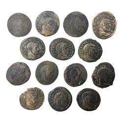Roman Imperial Coinage, Maxentius (AD 306-312), fourteen bronze folles, most bearing rev. Roma seated in temple holding globe and sceptre (14)