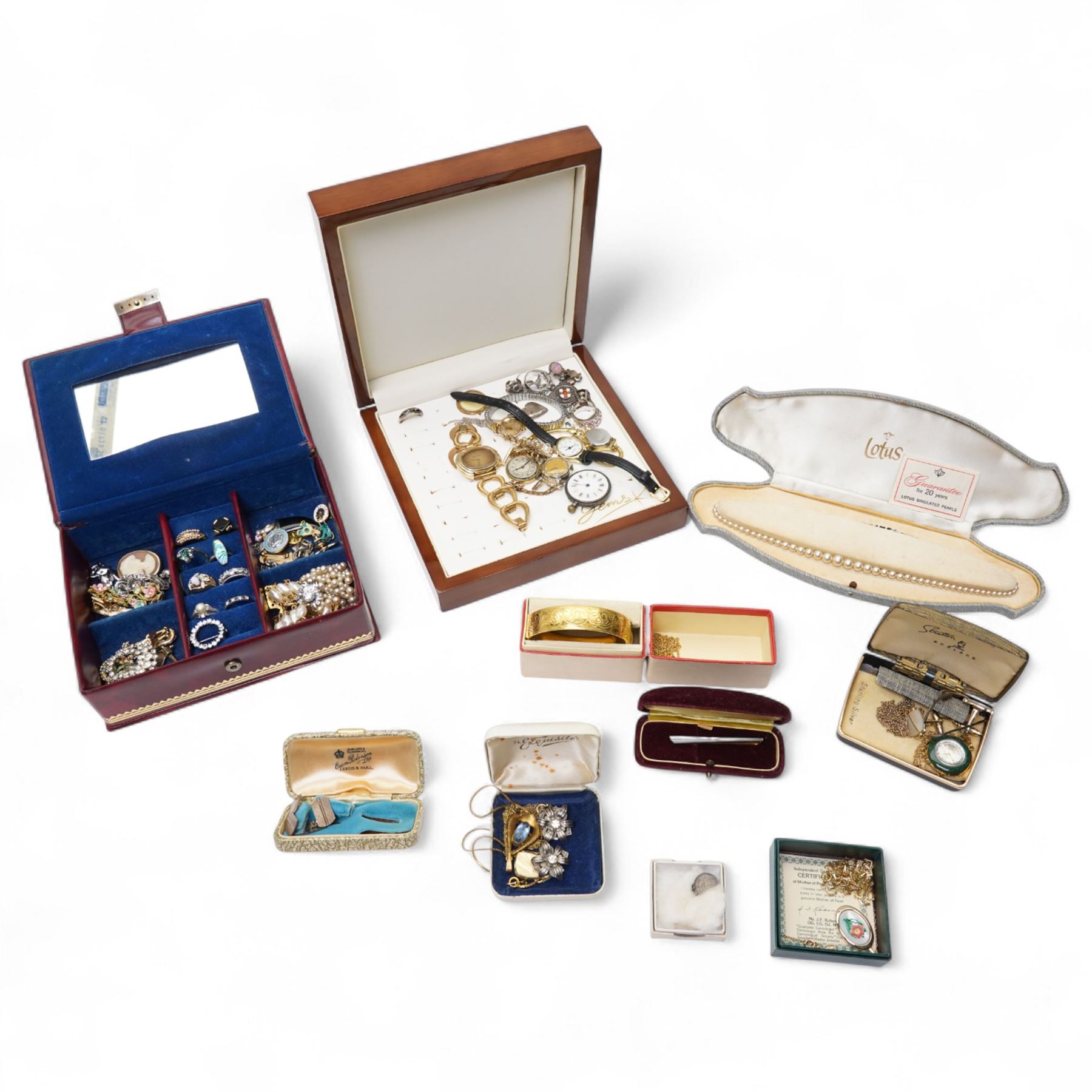 9ct gold cabochon sapphire heart pendant, silver jewellery including stone five stone set rings, silver and enamel fob, locket etc, 9ct gold and silver stone set ring, collection of wristwatches and costume jewellery 