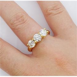 18ct gold three stone round brilliant cut diamond ring, hallmarked, total diamond weight approx 1.80 carat
