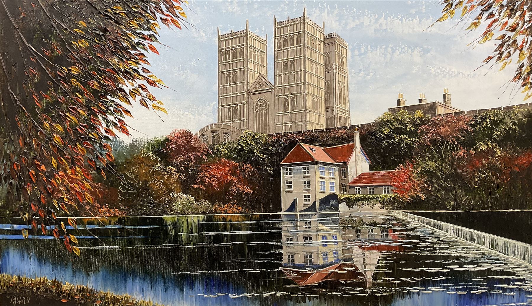 Dallas K Taylor (British 1941-2011): Durham Cathedral from the River, oil on canvas board signed 45cm x 76cm 