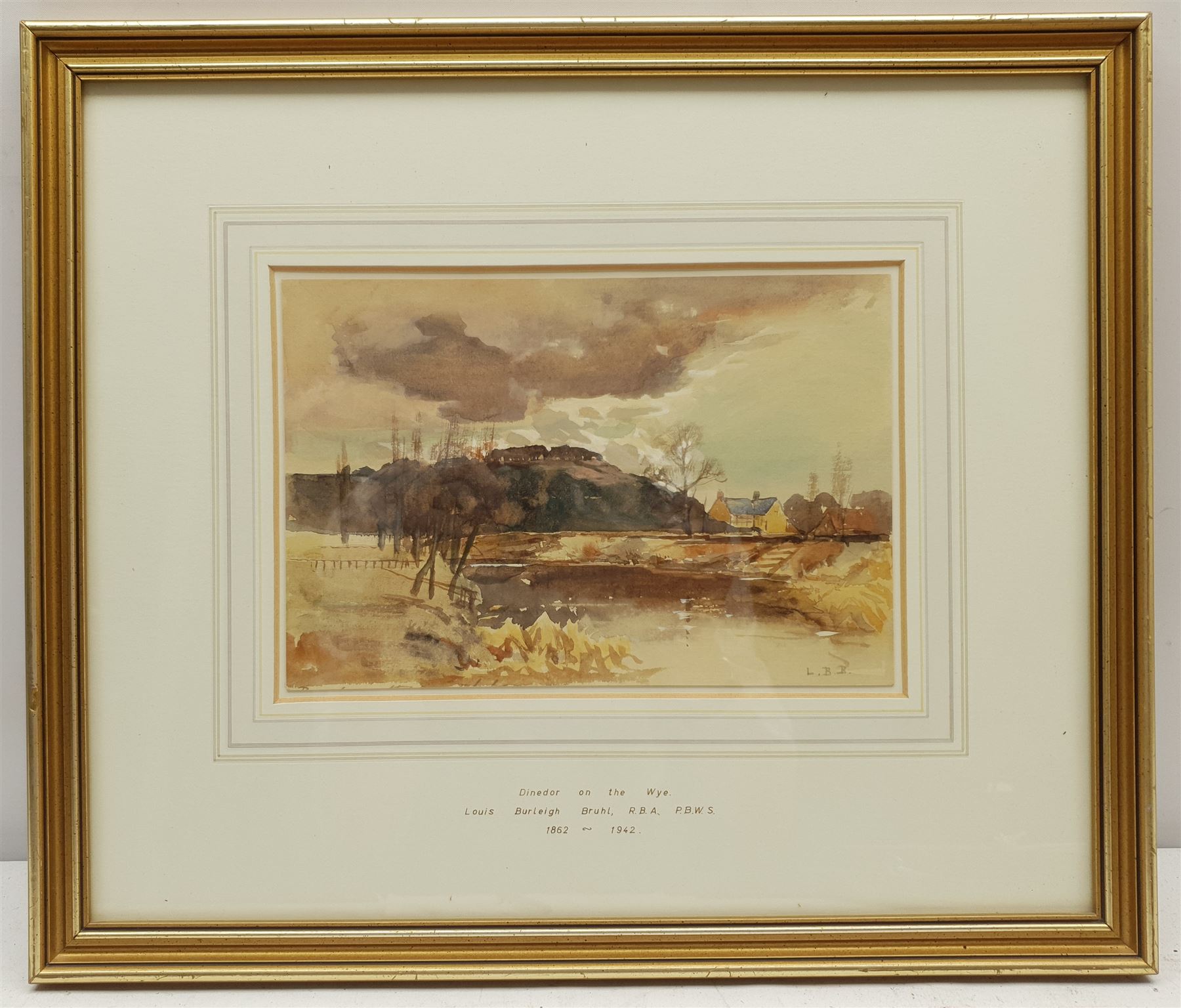 Louis Burleigh Bruhl (British 1861-1942): 'Dinedor on the Wye', watercolour signed with initials 16cm x 23cm