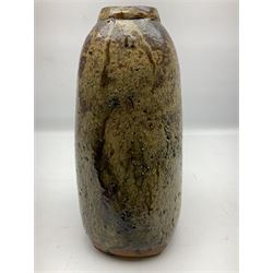Janet Leach (American, 1918-1997) for Leach Pottery; studio pottery Bizen style vase of tapering form, the stoneware body decorated in a mottled green and brown dripped ash glaze, with impressed J.L. monogram and stamp marks beneath, H30cm