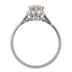 Platinum single stone round brilliant cut diamond ring, with diamond set shoulders, stamped Plat, diamond approx 0.55 carat