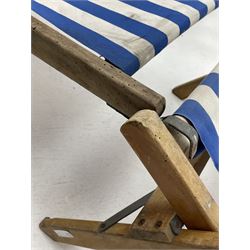Geebro - ‘The Ocean Chair’ two vintage beech framed folding deck chairs with blue and white striped fabric 