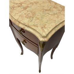 Pair French style Kingwood lamp or bedside tables, shaped and moulded variegated marble top over two drawers, on cabriole supports, with gilt metal mounts and handles