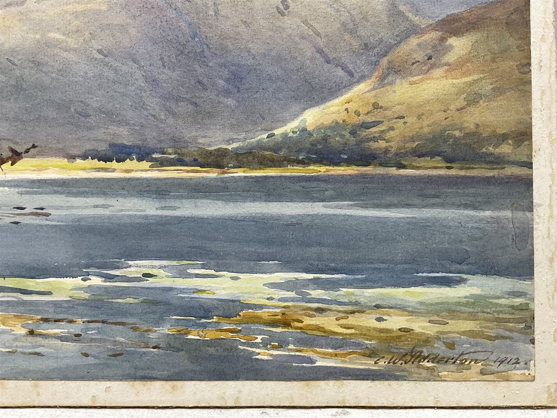 Charles William Adderton (British 1866-1944): 'Ben Nevis from Fort William', watercolour signed and dated 1912, titled verso 31cm x 47cm (unframed)
Provenance: direct from the family of the artist Harry Wanless 1872-1934, part of a collection never previously seen on the market
Notes: Adderton was a friend of the brothers Harry and Charles Wanless, all of whom studied under Albert Strange at the Scarborough School of Art School. Adderton had a studio at 55 Sandside, Scarborough between 1894 and 1901, he moved to Ockbrook Derby and later to Robin Hoods Bay where he was a member of the Fylingdales Group of Artists