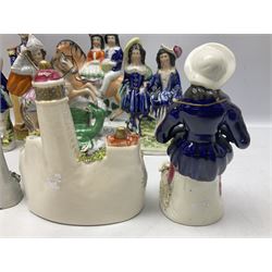Quantity of Victorian and later Staffordshire style figures, to include examples upon horseback, sheep, drummer etc