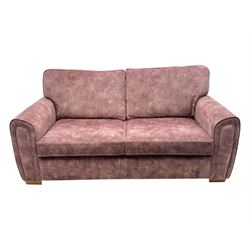 Contemporary Alstons ‘Memphis’ sofa bed, upholstered in ‘Dusk Velvet’ polyester blend, featuring broad arms, two seat cushions, and a concealed fold-out metal action bed with mattress