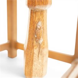 Mouseman - 1940s oak side chair, the slat-back over a slung leather seat, raised on octagonal front supports united by box stretcher, carved with slim mouse signature, by the workshop of Robert Thompson of Kilburn