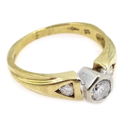  9ct gold ring with centre diamond and a diamond to each shoulder, hallmarked  