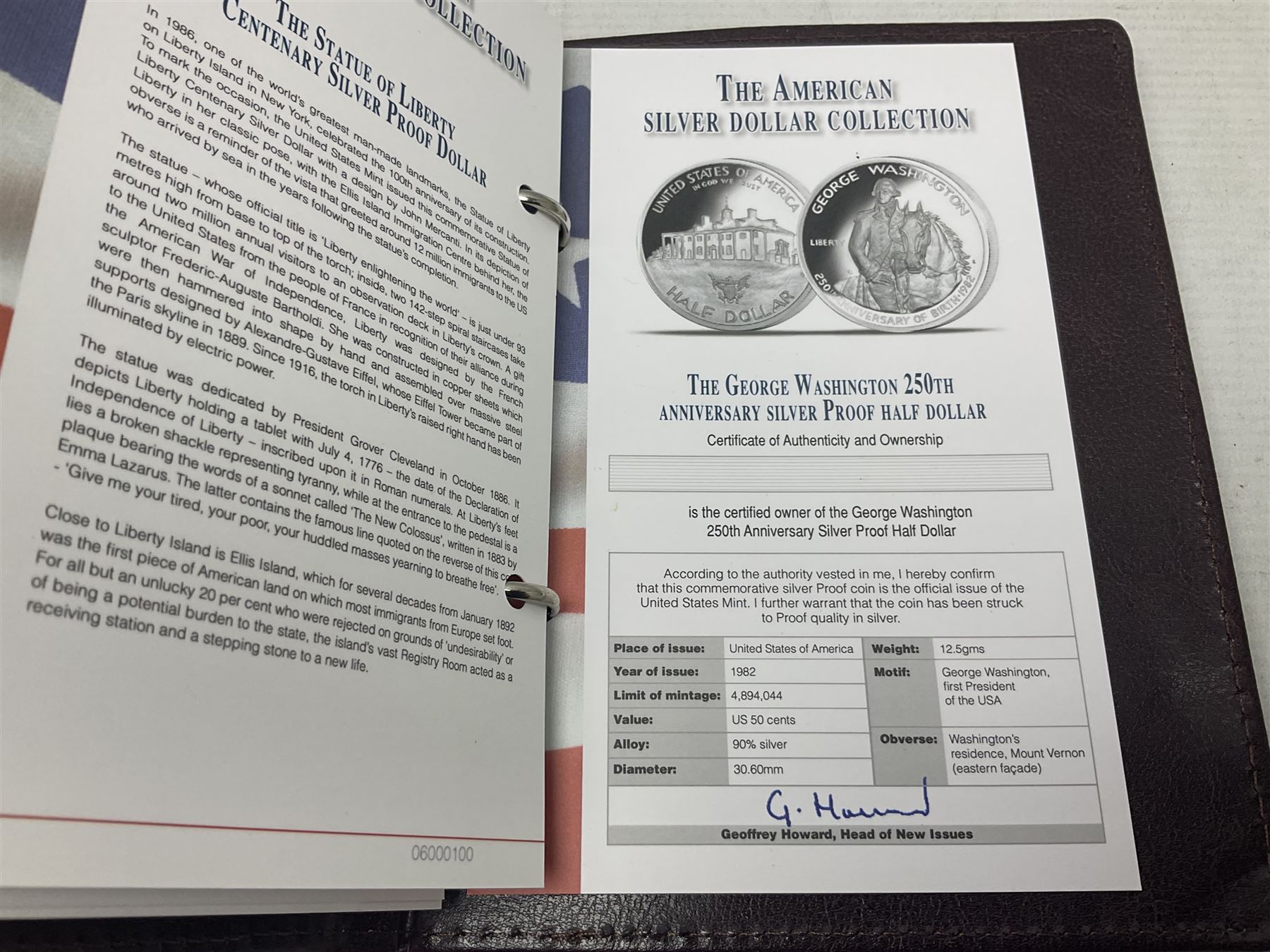 Five United States of America commemorative silver proof coins, comprising 1986, 1987, 1989, 1992 one dollars and 1982 half dollar, all with certificates