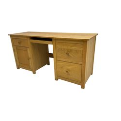 Solid ash twin pedestal desk, fitted with three drawers, cupboard and keyboard slide